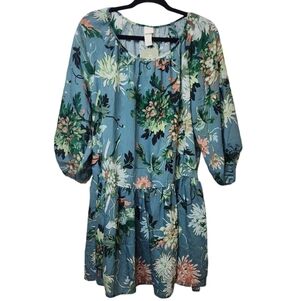 H&M Turquoise Green Floral Drop Waist Raglan Sleeve Dress Size XS